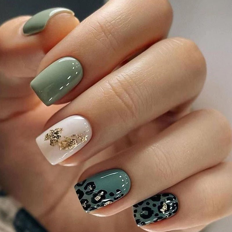 Short pale pink & green with partial leopard pattern Press-on Nail Set 24 PCs - MISSACO